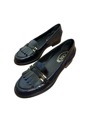 TOD’S Kiltie Fringe Driving Loafers Navy Blue Leather Slip On Flats Women’s 40.5